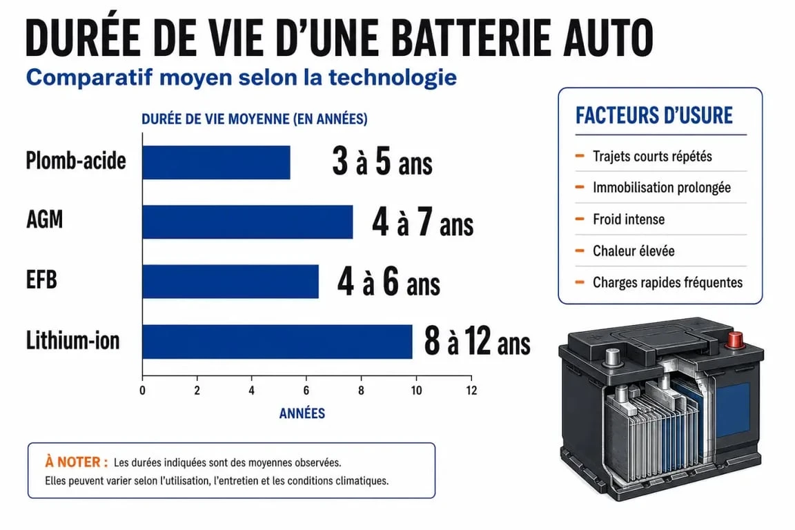 Durée de vie batterie voiture : infographie comparative des durées moyennes selon le type de batterie et les facteurs d’usure