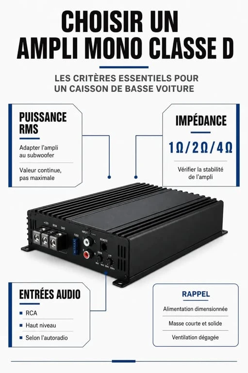 Ampli pour caisson de basse voiture présenté dans un visuel comparatif avec puissance RMS, impédance et types d'entrées
