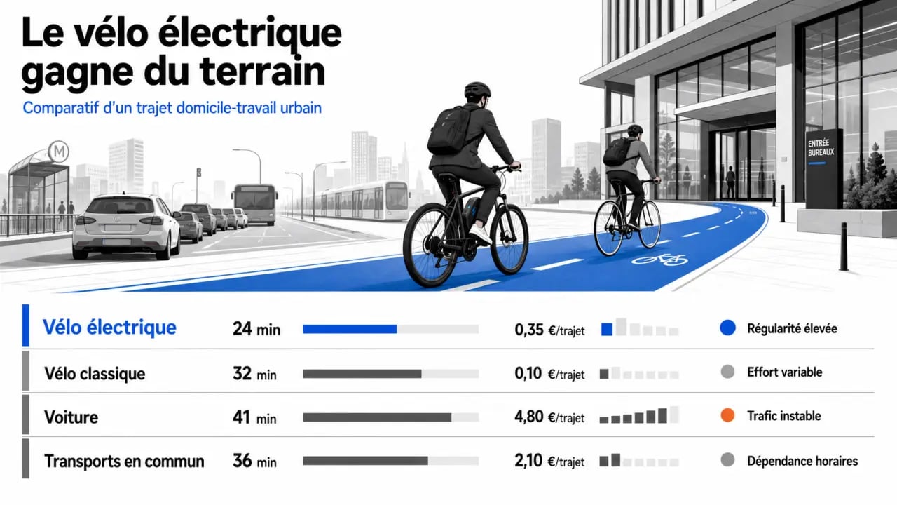 L'essor du vélo électrique pour les trajets domicile travail en entreprise illustré par un comparatif des modes de déplacement