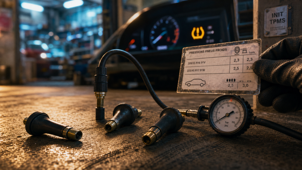 Gonfler pneu et init TPMS : manomètre et valve avant d’effacer l’alerte