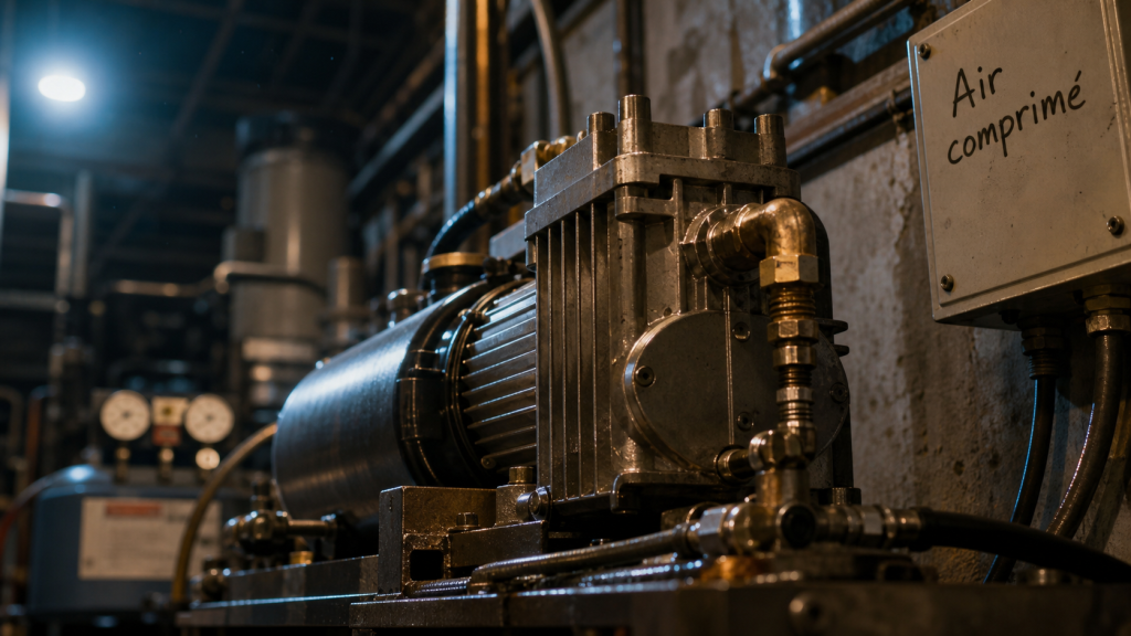 Moteur à air comprimé dans un atelier, tuyaux et réservoir sous pression