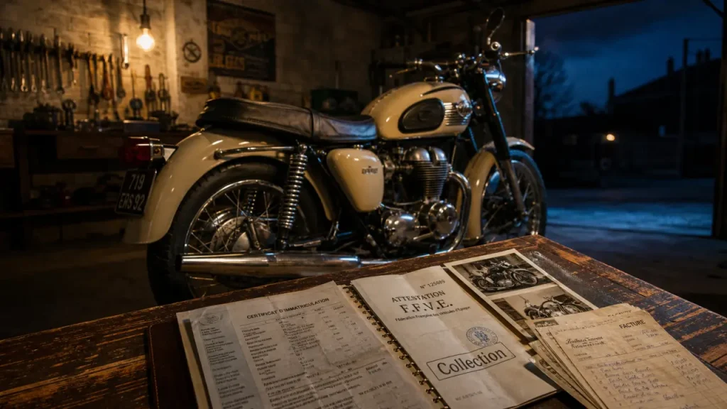 Moto de collection avec attestation FFVE et carte grise, dossier de collection en garage