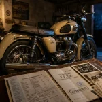 Moto de collection avec attestation FFVE et carte grise, dossier de collection en garage
