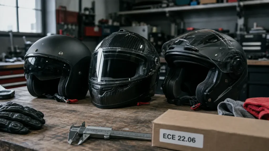 Prix de casque moto : trois casques sur établi, référence ECE 22.06