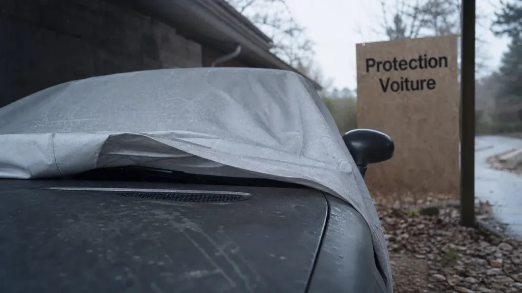 Proteger voiture dehors : bâche respirante sous abri léger, pluie et poussière visibles