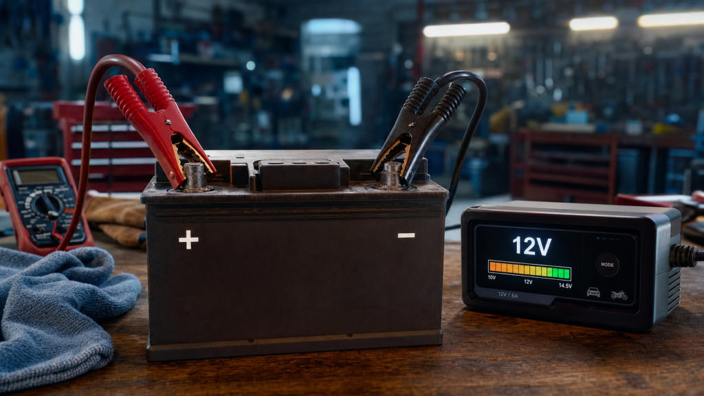 Recharger une batterie 12V avec chargeur intelligent, tension 12,6V et pinces +/-.