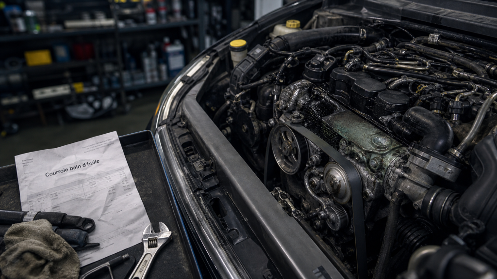 Voiture puretech : courroie et carter moteur en atelier, capot ouvert