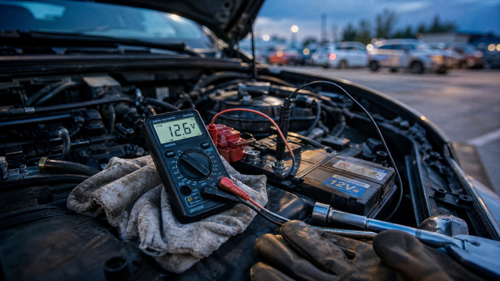 Volt batterie voiture 12,6 V au repos mesuré au multimètre