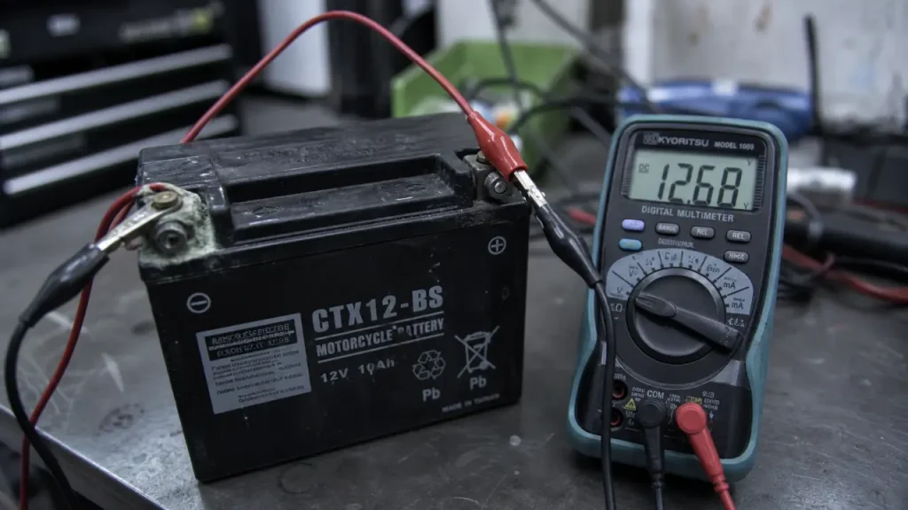 Voltage batterie moto : mesure 12,6 V au repos et 14,5 V moteur tournant au multimètre