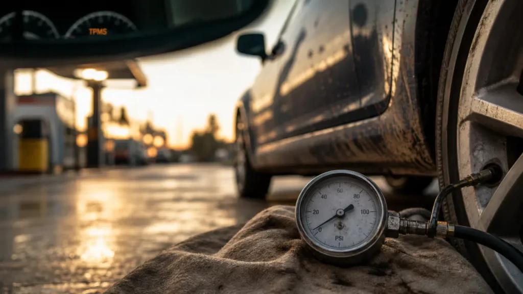 Voyant pression des pneus : manomètre près de la valve TPMS allumé