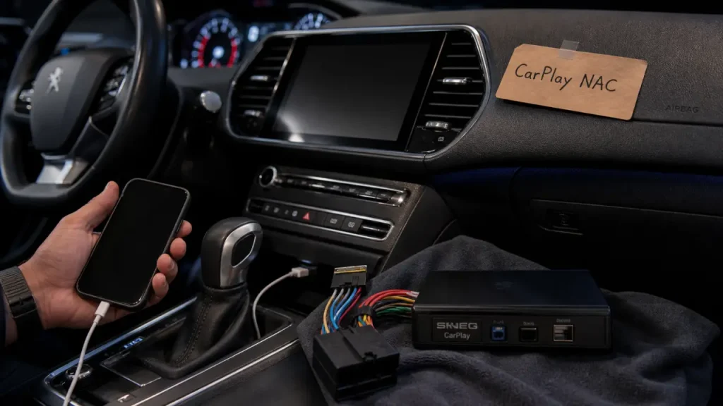 CarPlay Peugeot 308 : boîtier NAC/SMEG, câble USB et écran console centrale