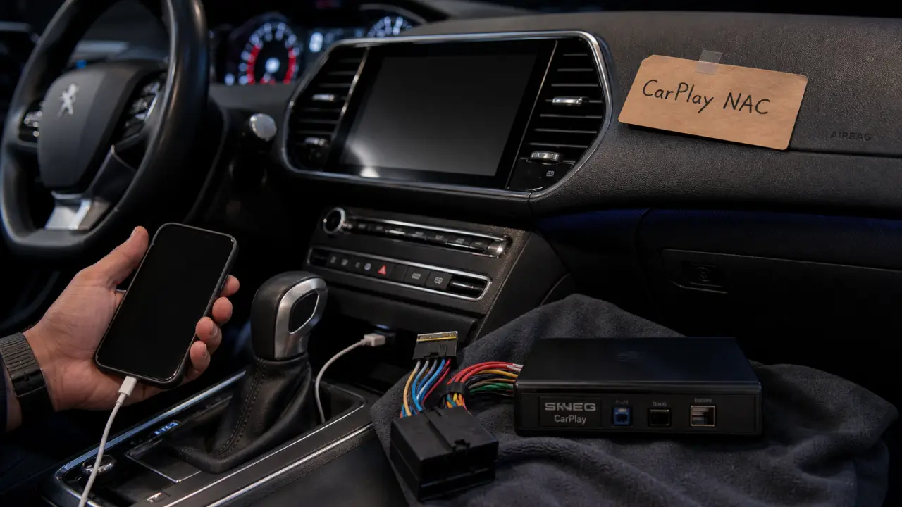 CarPlay Peugeot 308 : boîtier NAC/SMEG, câble USB et écran console centrale