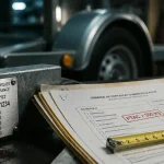 Carte grise remorque : plaque PTAC et documents ANTS sur table de garage