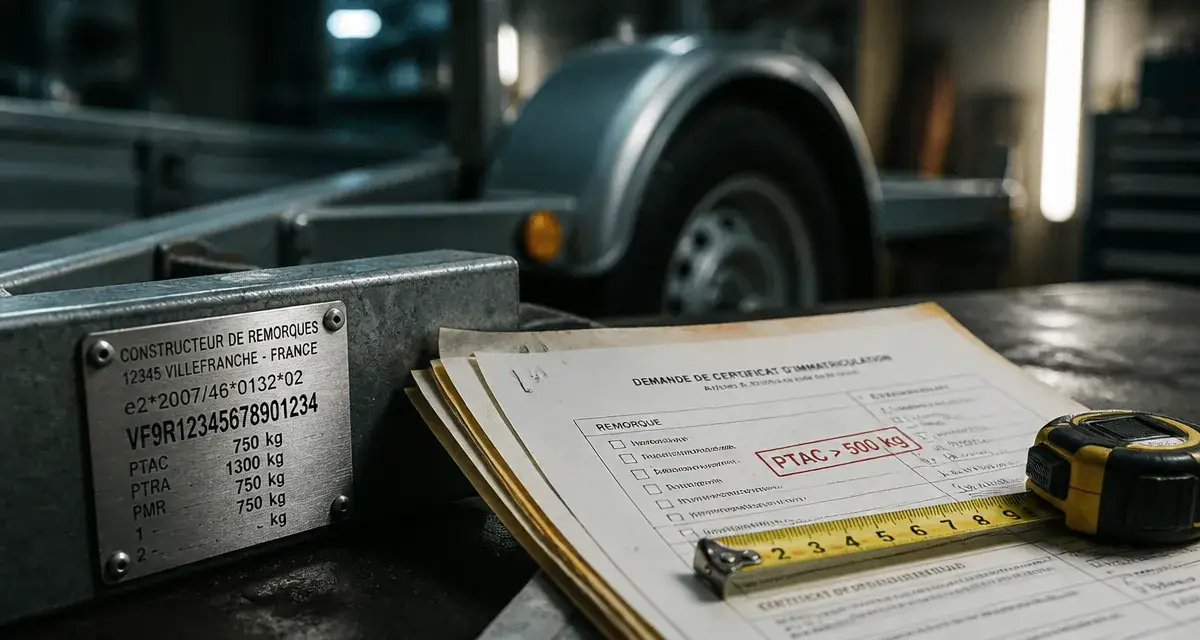 Carte grise remorque : plaque PTAC et documents ANTS sur table de garage