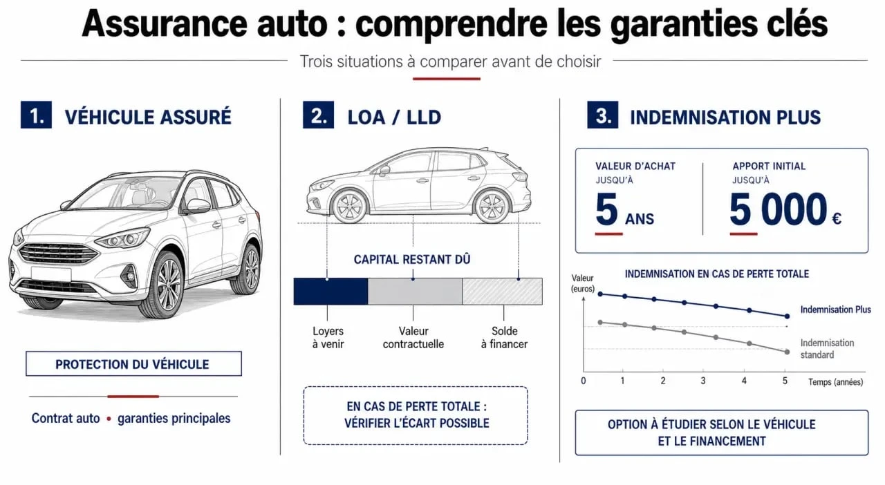 Assurance auto Banque Populaire : illustration de l’option Indemnisation Plus, de la valeur d’achat jusqu’à 5 ans et de la prise en charge en LOA ou LLD