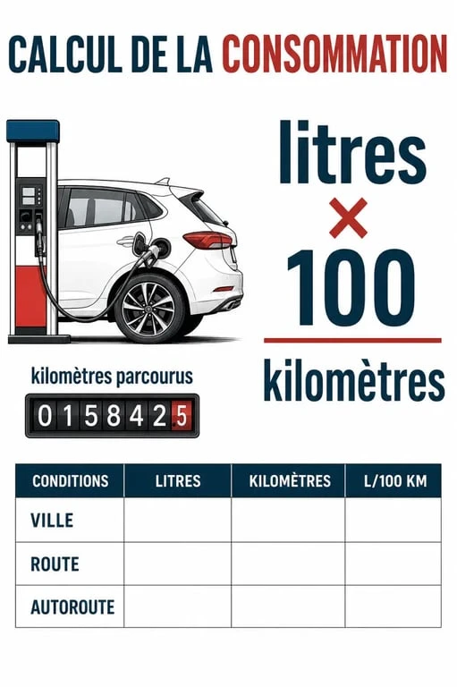 Calcul consommation essence avec formule L/100 km, compteur kilométrique et tableau de calcul
