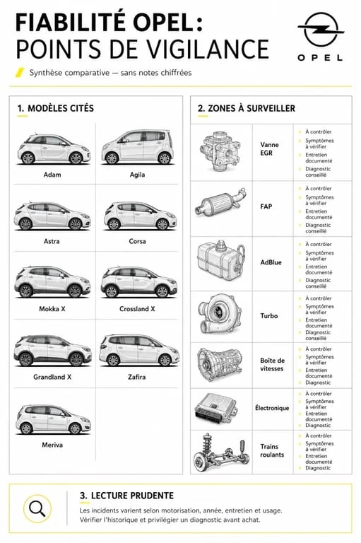 Infographie sur la fiabilité Opel avec les modèles à surveiller et les pannes récurrentes