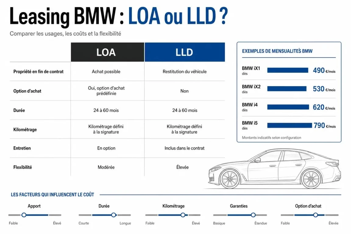 Leasing voiture BMW : comparaison visuelle LOA vs LLD avec exemples de mensualités