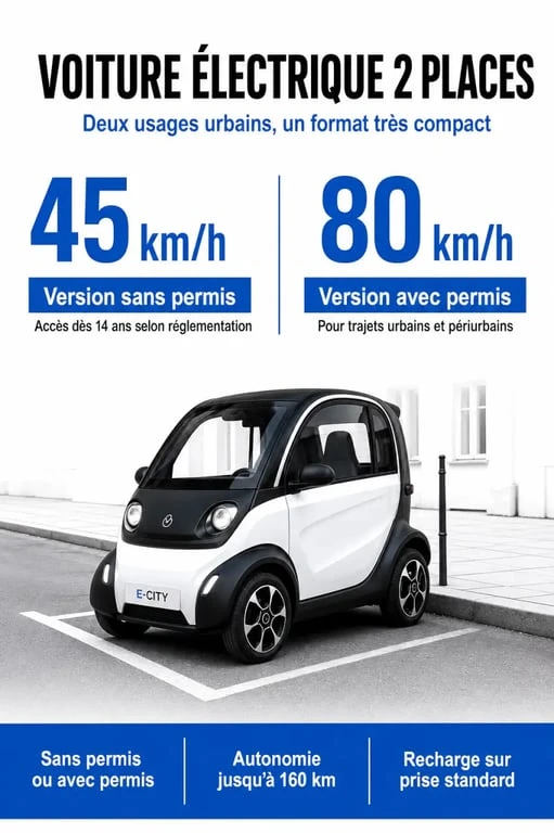 Voiture 2 places electrique : comparaison visuelle des versions 45 km/h et 80 km/h, autonomie et recharge