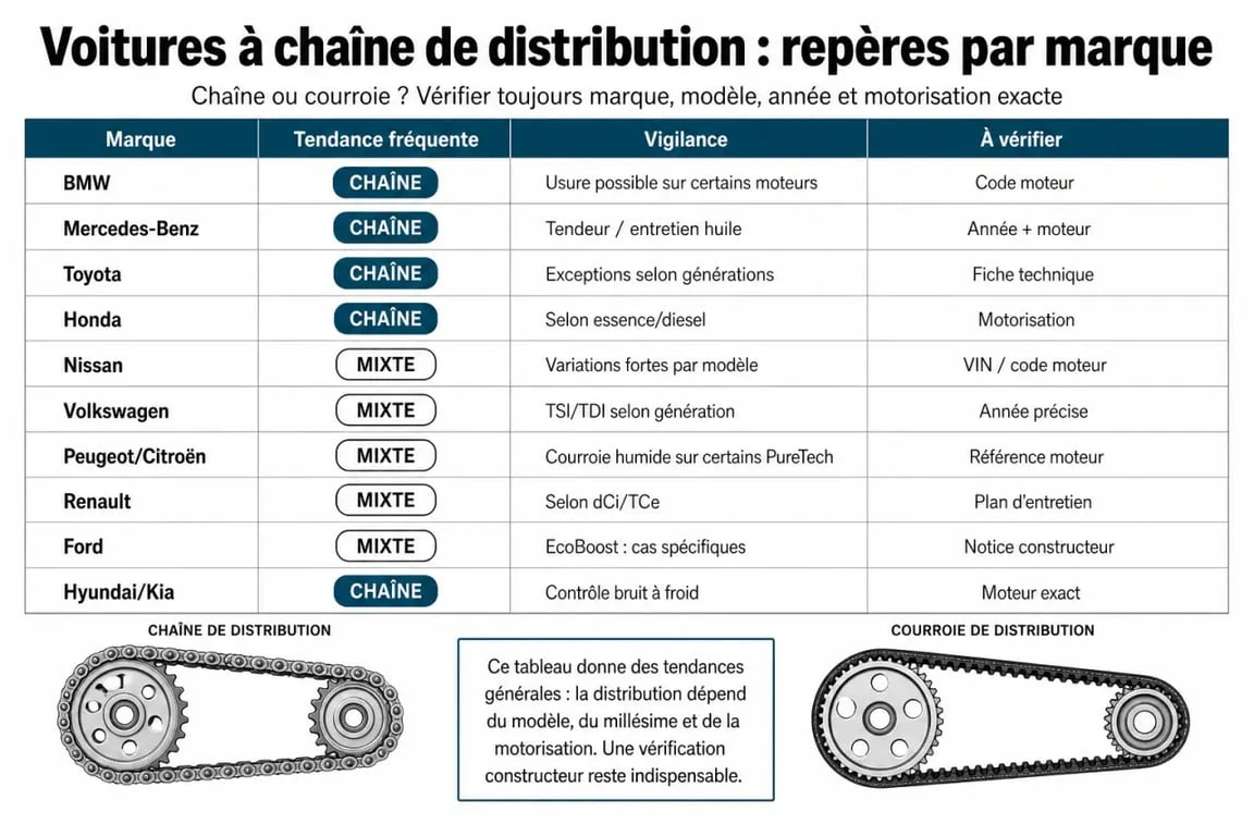 Liste voiture à chaîne de distribution : comparaison visuelle des marques et points de vigilance