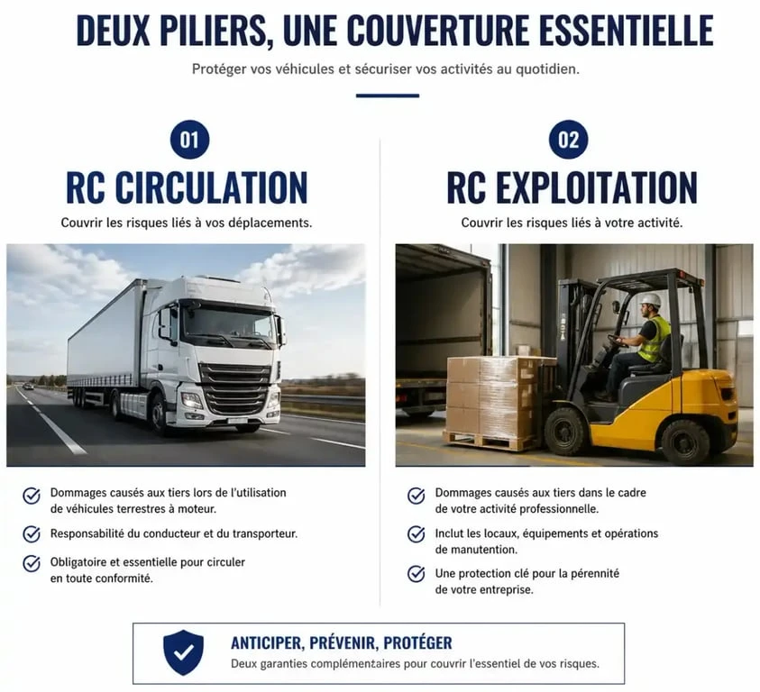 Infographie comparative : assurance RC circulation vs RC exploitation pour les professionnels
