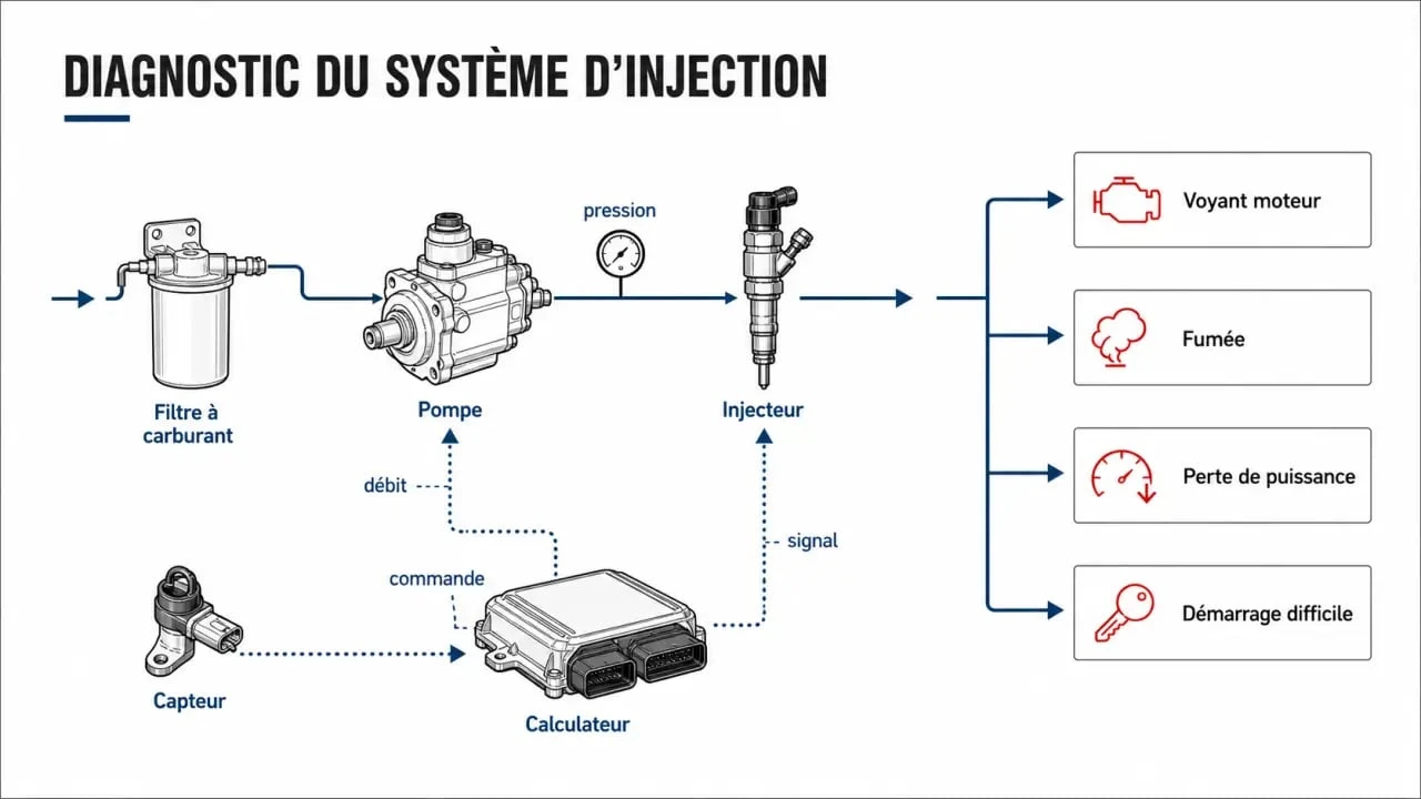 Problème injecteur : schéma simplifié du système d’injection et des symptômes de panne