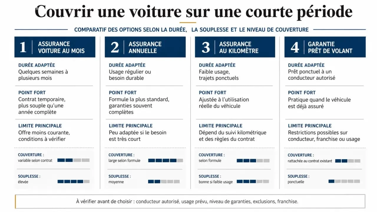 Assurance voiture au mois : comparaison visuelle avec assurance annuelle, assurance au kilomètre et garantie prêt de volant