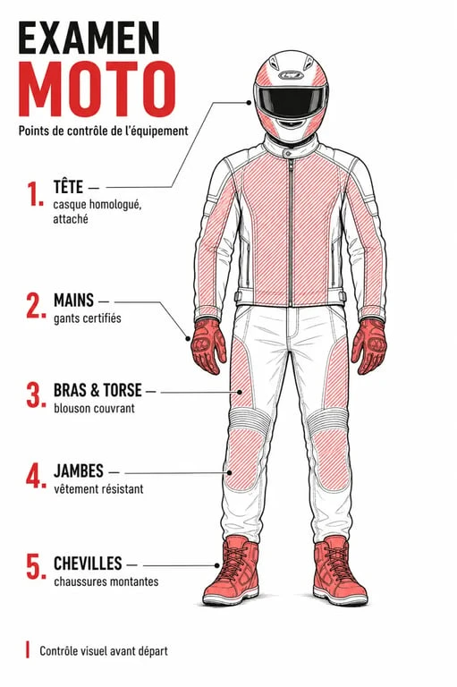 equipement moto obligatoire permis : points de contrôle à l’examen