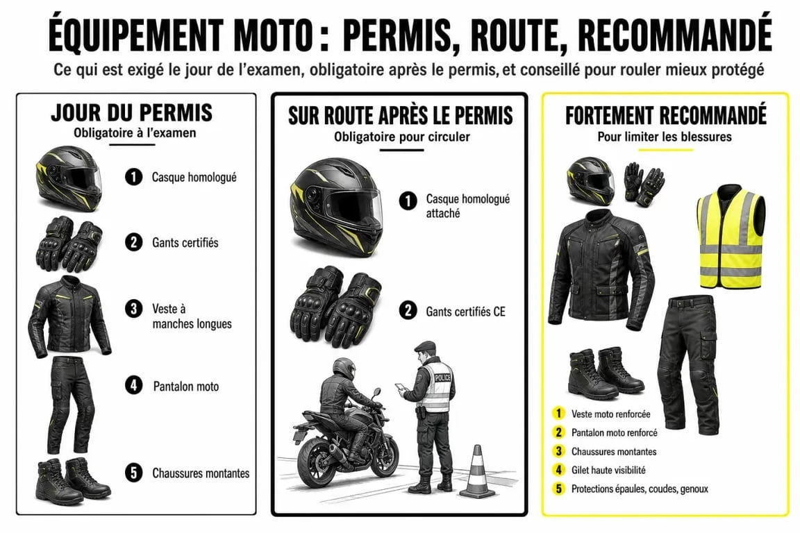 equipement moto obligatoire permis : comparaison entre examen, route et recommandations