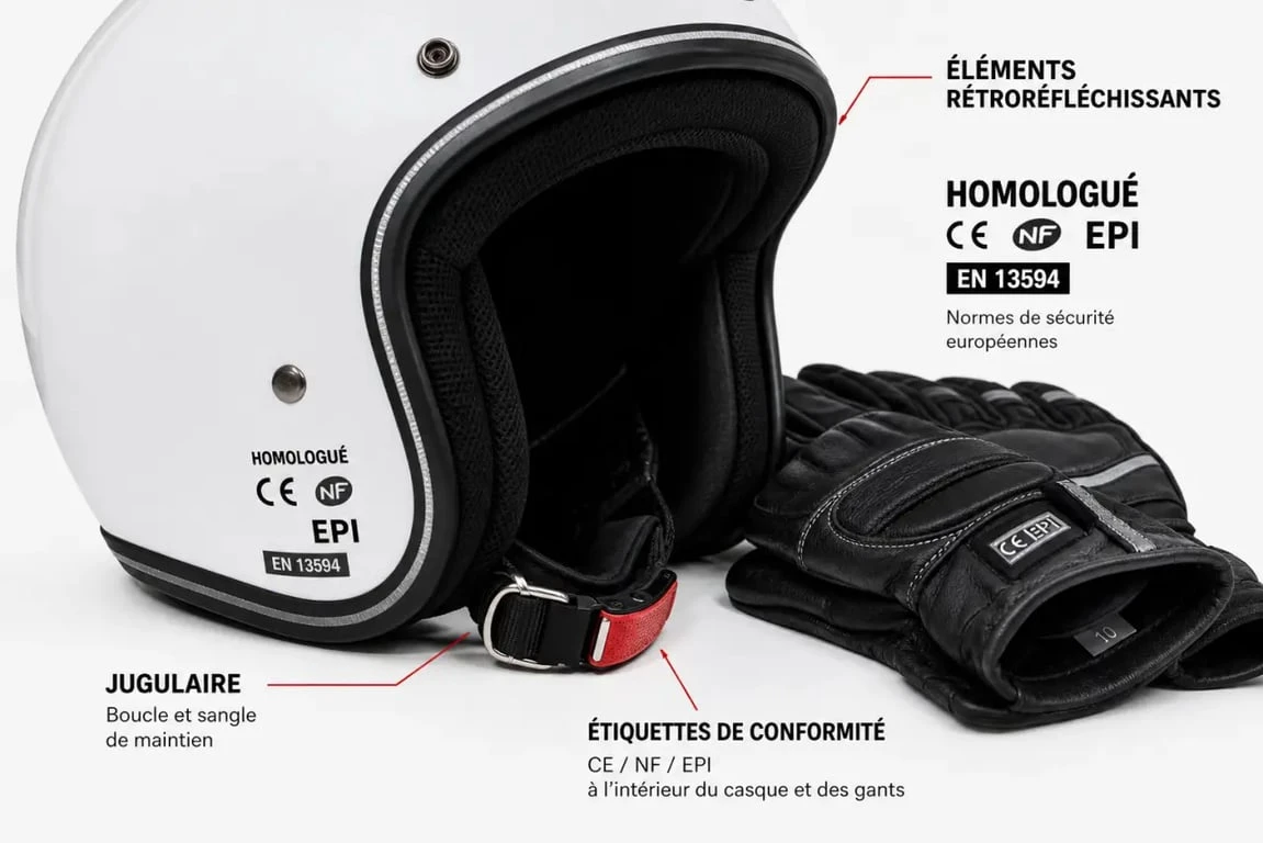 equipement moto obligatoire permis : marquages d’homologation du casque et des gants