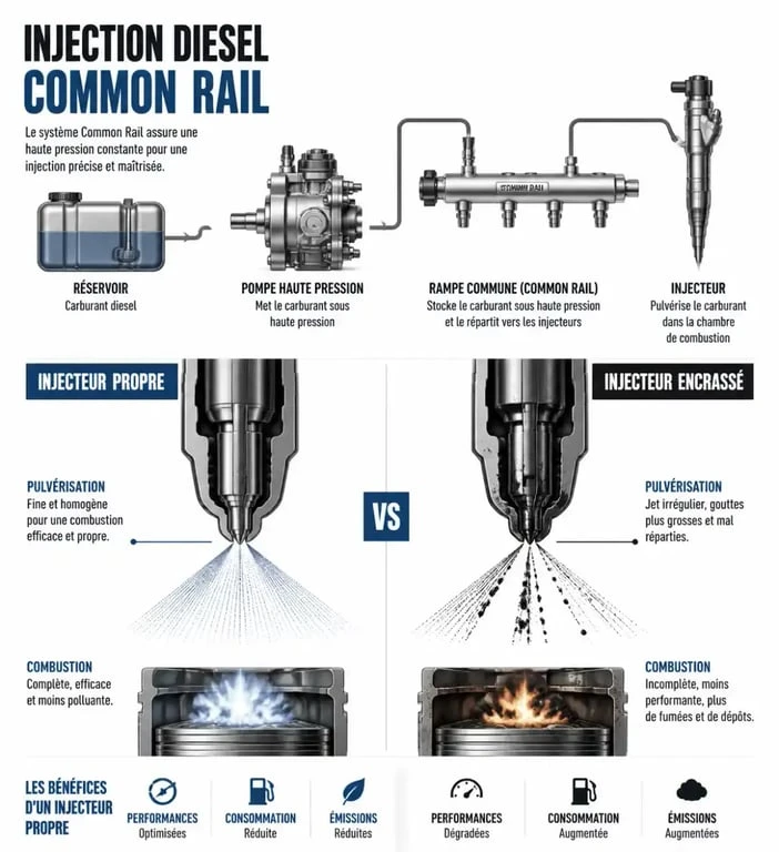 Symptôme injecteur encrassé diesel : schéma du système Common Rail avec pulvérisation irrégulière