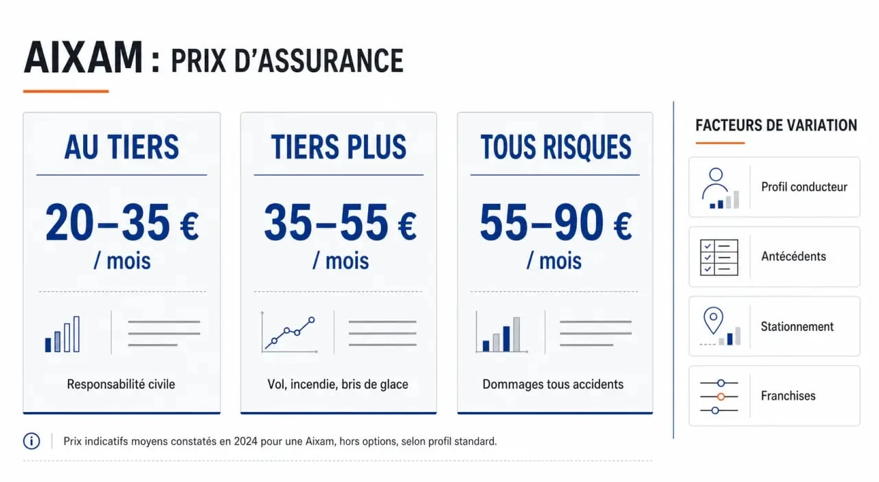 Prix assurance voiture sans permis Aixam : infographie comparative des formules et des facteurs de tarif
