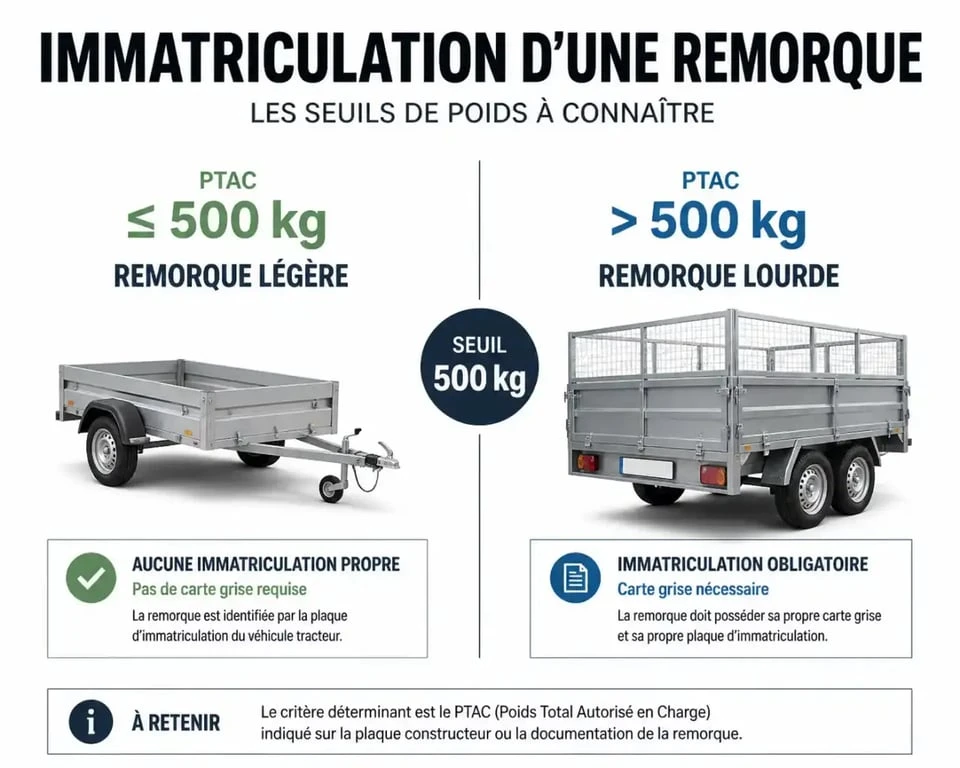 Infographie des seuils de PTAC pour la carte grise remorque en France