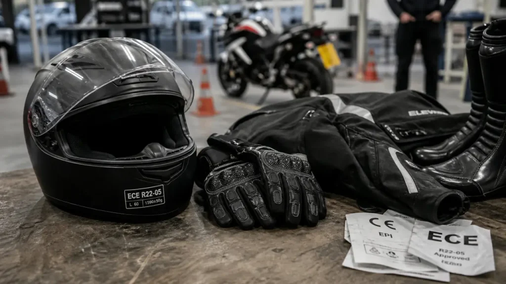 Equipement moto obligatoire permis : casque gants chaussures homologués visibles