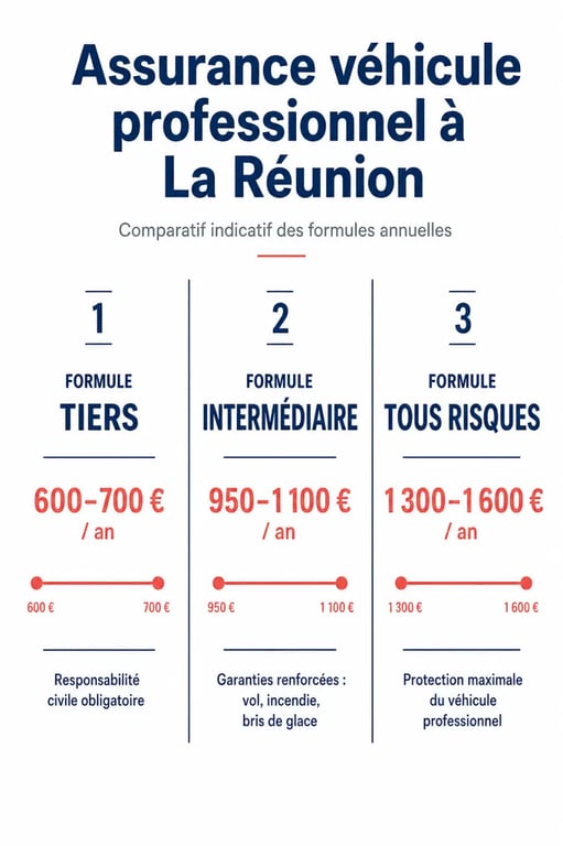 Infographie des tarifs et formules pour assurer un véhicule professionnel à La Réunion