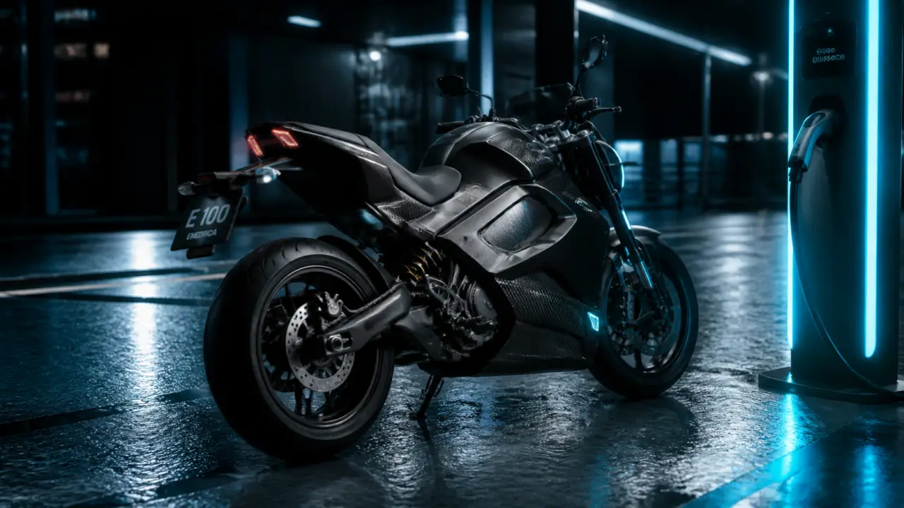 Moto électrique grosse cylindrée devant une borne de recharge, nuit froide