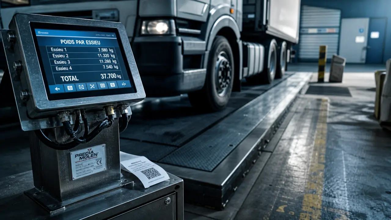 Pesage poids lourds sur pèse-essieux acier en logistique
