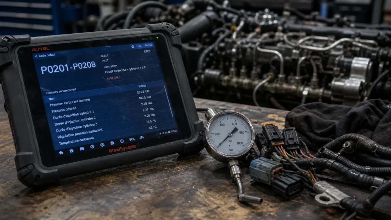 Probleme injecteur : valise OBD et faisceau oxydé, codes P0201 à P0208