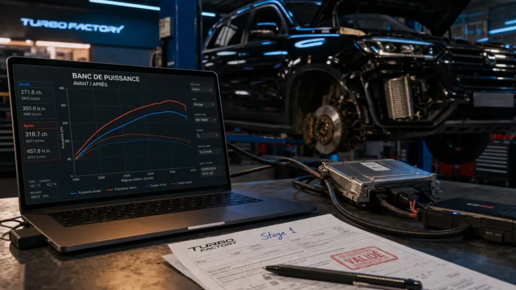Reprogrammation moteur stage 1 : banc de puissance avant/après