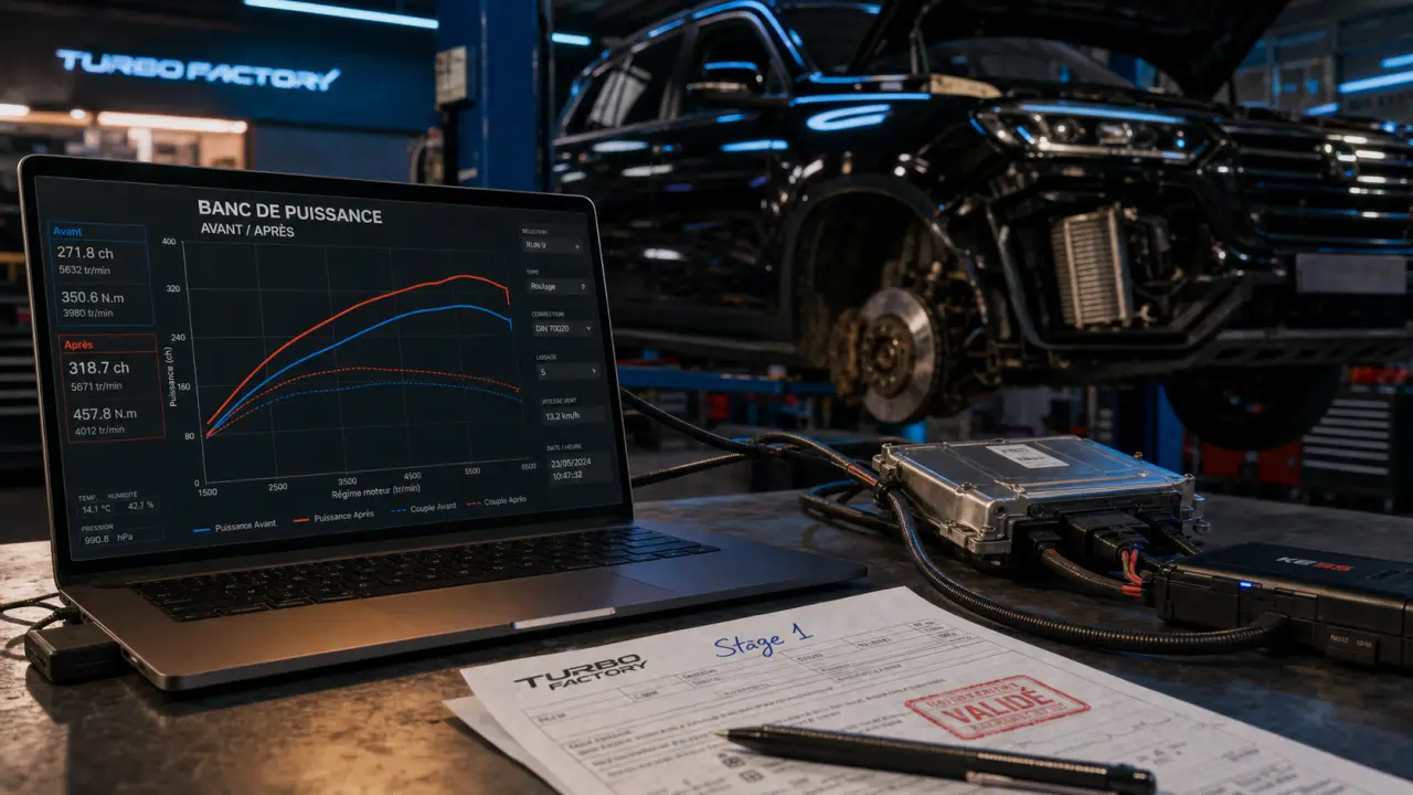 Reprogrammation moteur stage 1 : banc de puissance avant/après