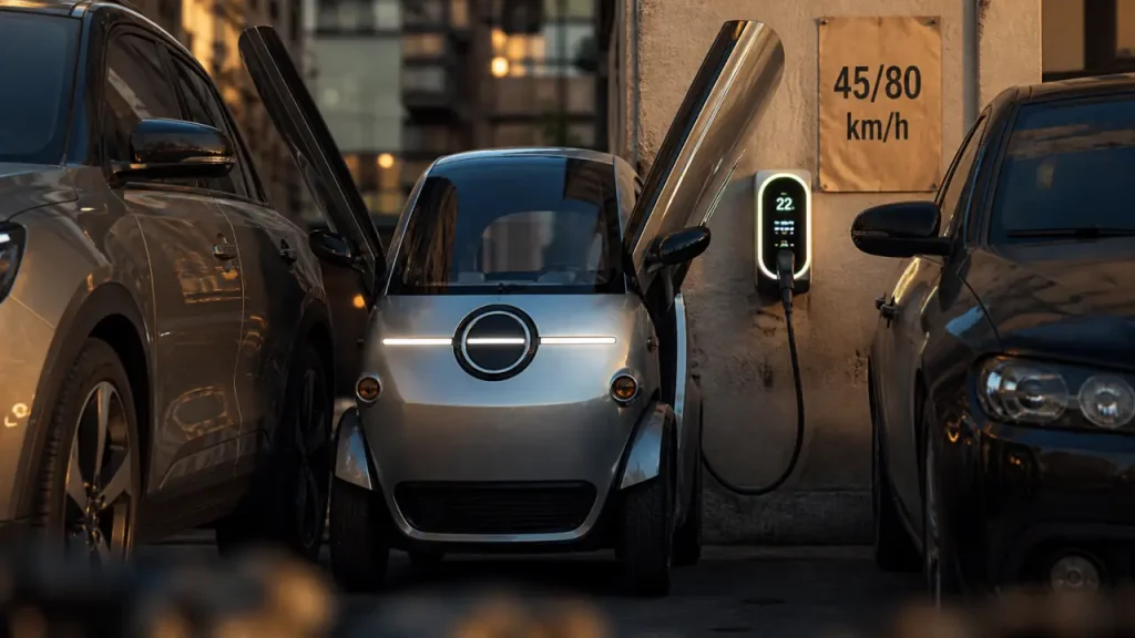 Voiture 2 places electrique 45/80 km/h sur parking urbain, charge murale