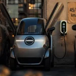 Voiture 2 places electrique 45/80 km/h sur parking urbain, charge murale