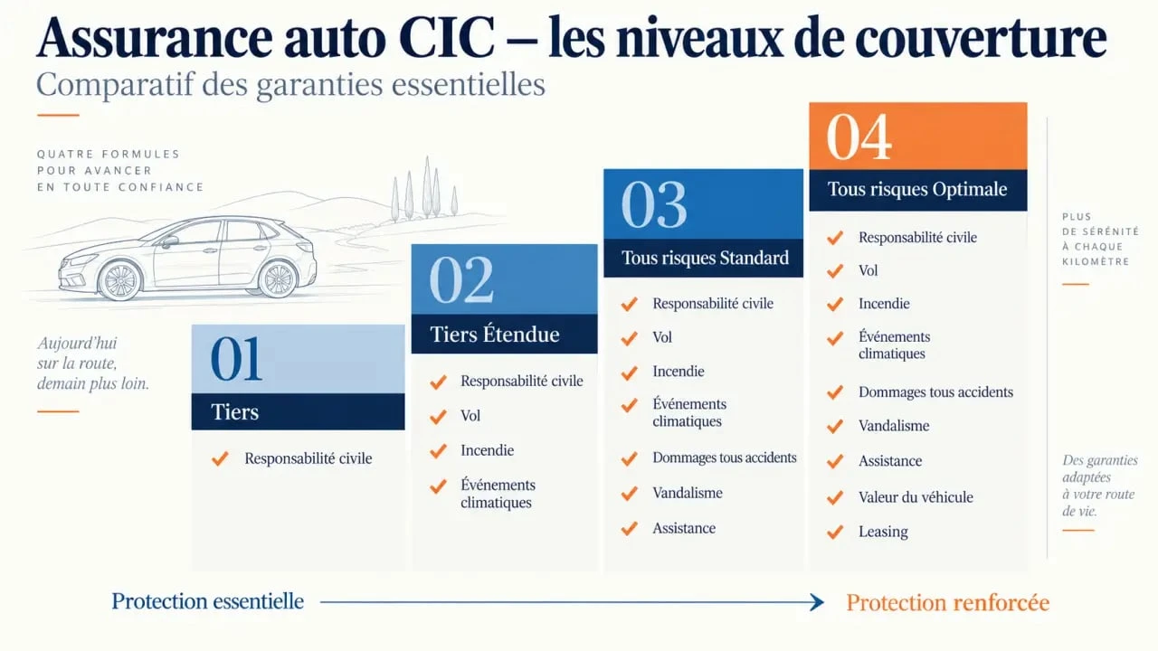 Infographie comparative des quatre formules d’assurance auto CIC