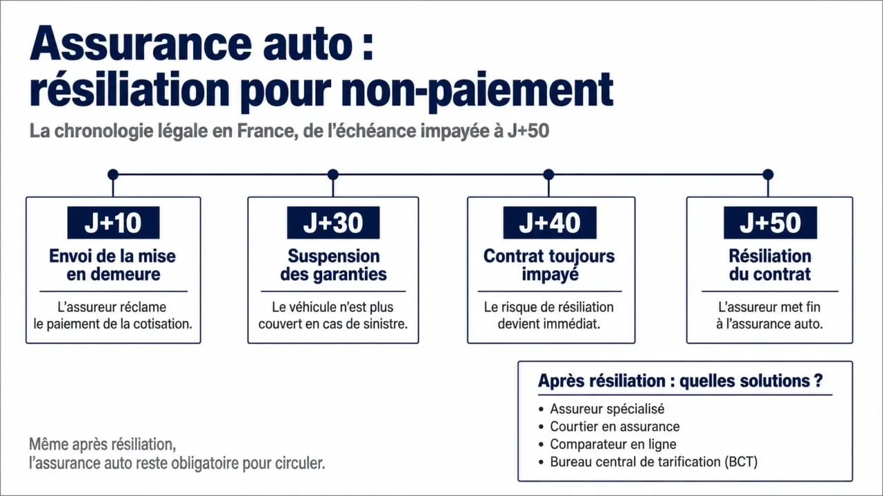Assurance voiture pour non paiement : frise des délais 10-30-10 et solutions après résiliation