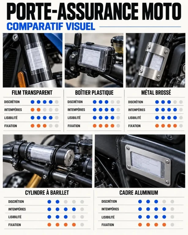 Comparatif de porte-assurance moto en plastique, métal, modèle cylindrique et cadre aluminium