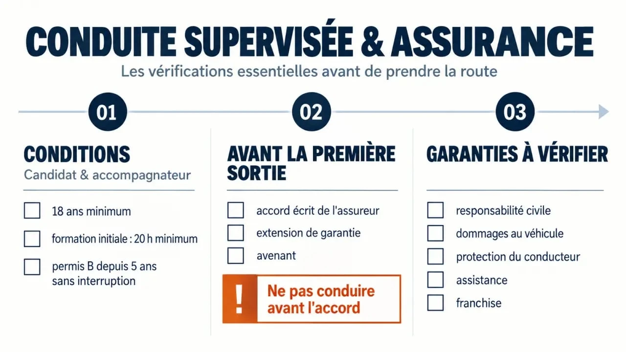 Infographie sur la conduite supervisée et assurance : conditions, accord écrit et garanties à vérifier