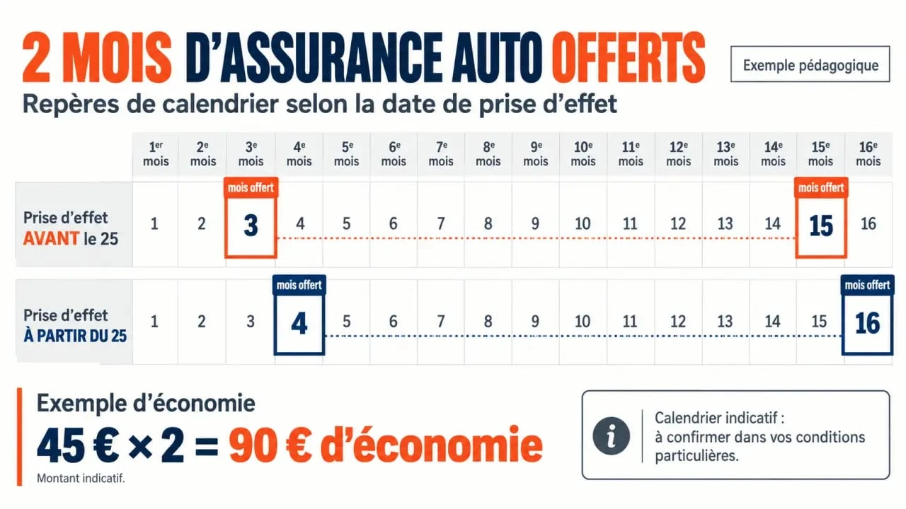 2 mois assurance auto offert : calendrier indicatif des mensualités gratuites et exemple d’économie