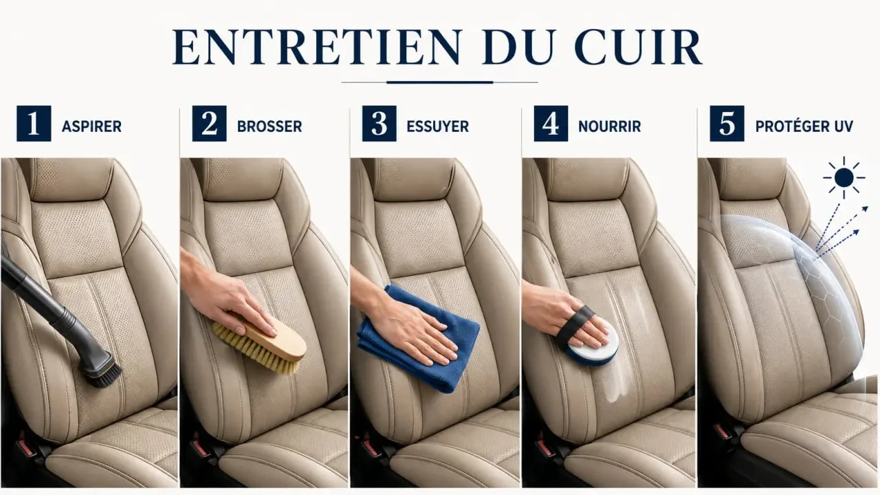 Entretien cuir voiture en cinq étapes, de l’aspiration à la protection anti-UV