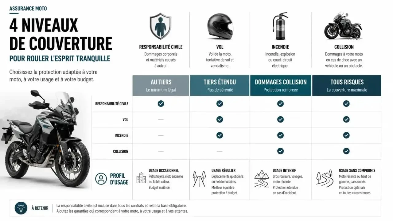 Infographie sur les niveaux de couverture d’une assurance moto CFMOTO