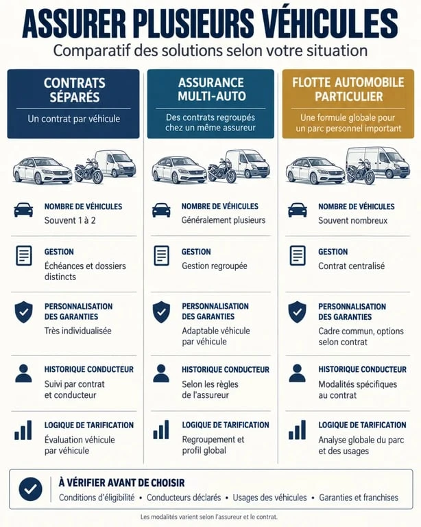 Infographie comparative sur l’assurance flotte automobile particulier, l’assurance multi-auto et les contrats séparés